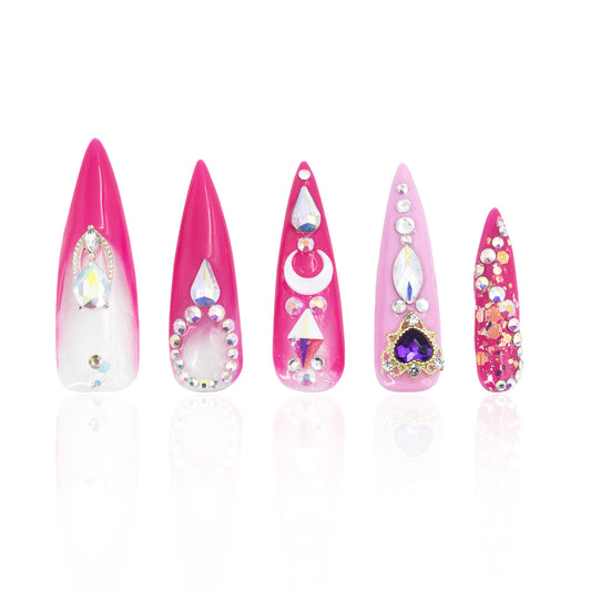 LH18 Handmade Crystal Stone Pink Sailor Moon Style Press on Nails