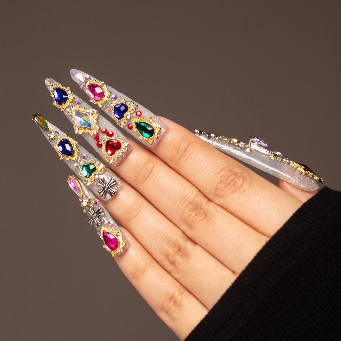 LH3 【Jewelry Crown】 Handmade Crystal Stone Super Shinny Press on Nails