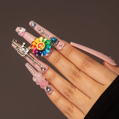 LH20 Hand Made Pink Fashion Long Press On Nails Glitter Sunflower