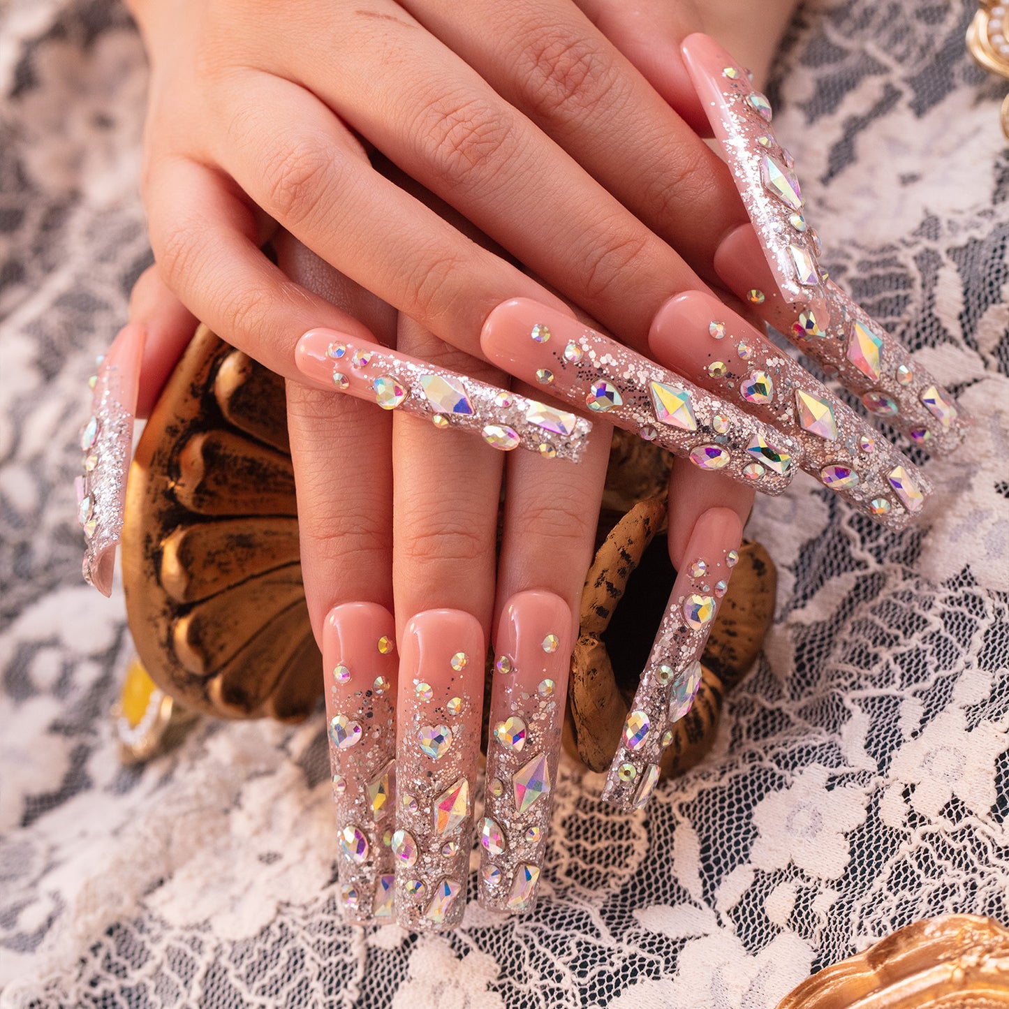 LH2 Hand Made Fashion Long Press On Nails With Silver Glitter Colorful Stones