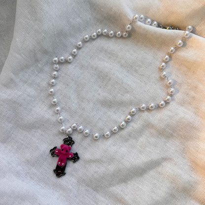 N1-Bear Cross Necklace Beaded Dark Gray Rose Pink Sexy Cute