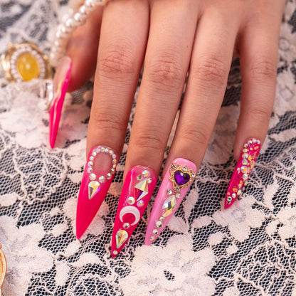 LH18 Handmade Crystal Stone Pink Sailor Moon Style Press on Nails