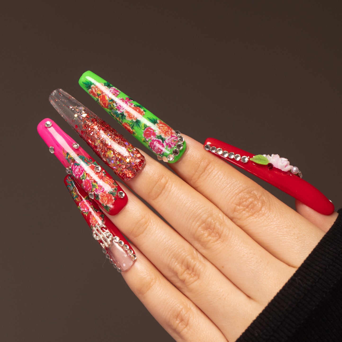 LH32 Handmade Red Green Flower New Spring Style Shinny Press on Nails