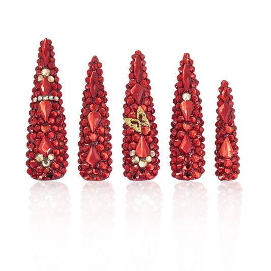 LH5 Handmade Red Super Elegant Full of Stones Press on Nails Customize
