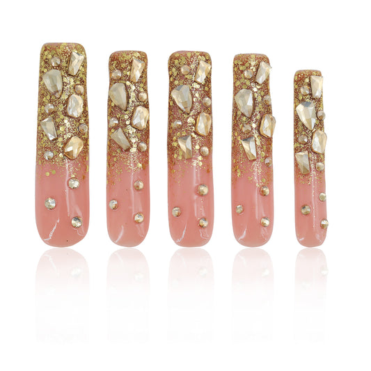 LH1 Hand Made Fashion Long Press On Nails With Gold Glitter Stones
