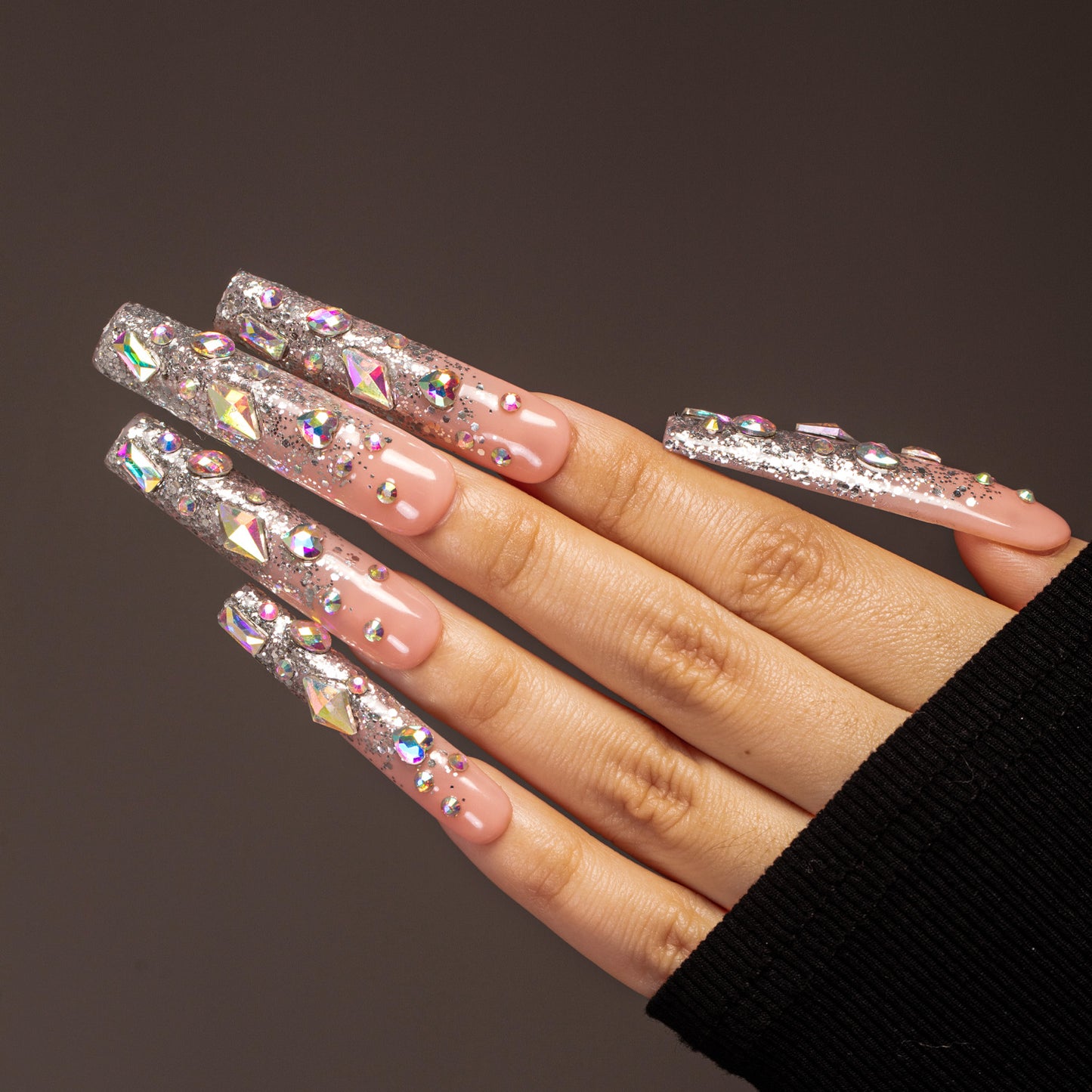 LH2 Hand Made Fashion Long Press On Nails With Silver Glitter Colorful Stones