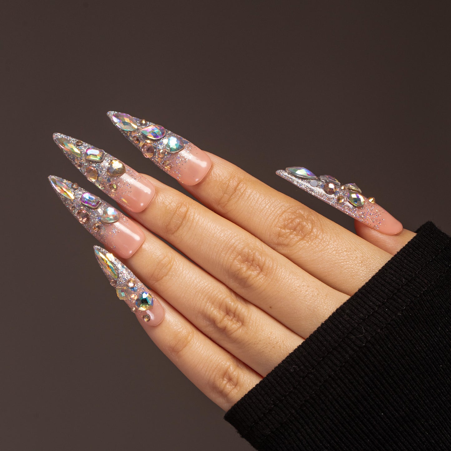 LH12 Hand Made Press On Nails Super Shine Glitter Rainbow Stone