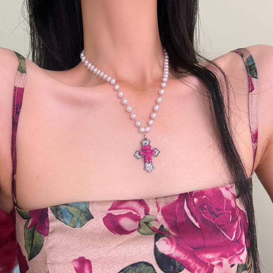N1-Bear Cross Necklace Beaded Dark Gray Rose Pink Sexy Cute