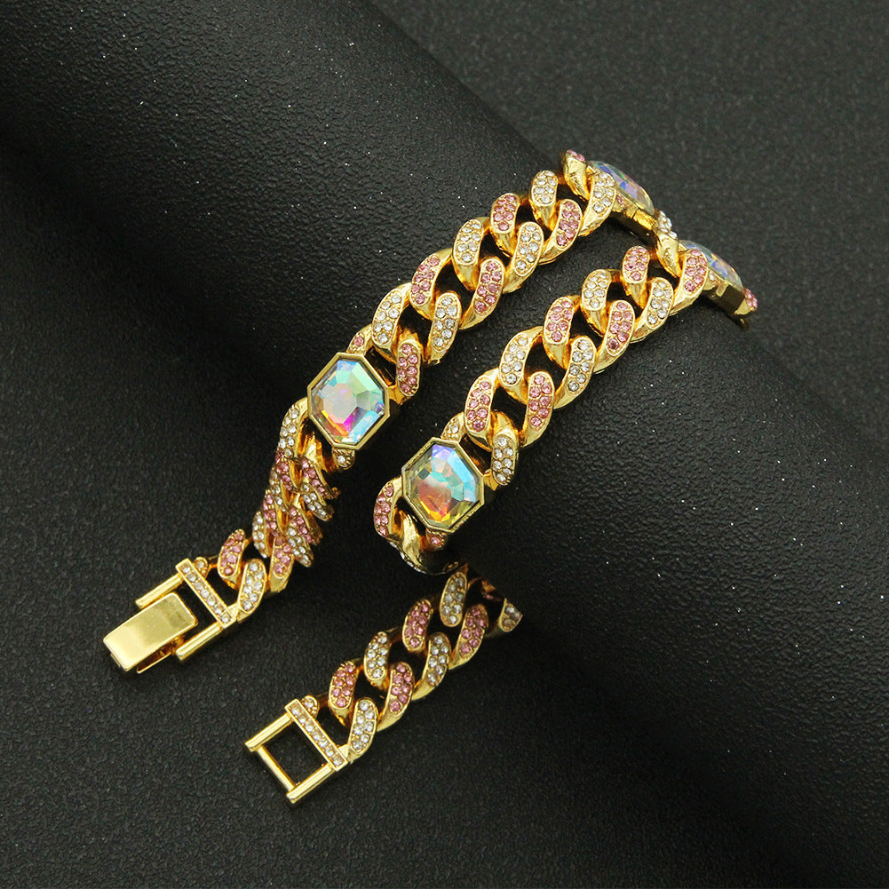 N4-Hip Hop Necklace Bracelet Silver Gold Colorful Stone