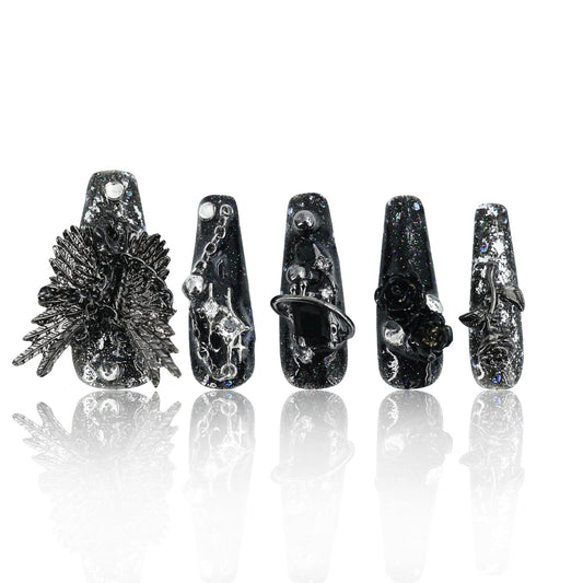 LH22 Hand Made Black Angel Shinny Glitter Press On Nails