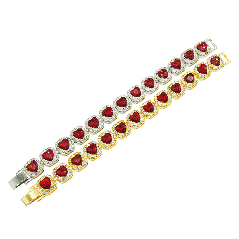 N5-Hip Hop Necklace Bracelet Silver Gold Red Stone Hearts