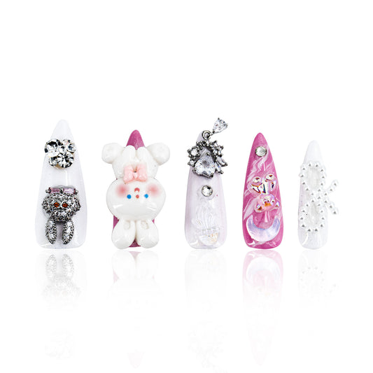 LH21 Hand Made Cute Pink Rabbit White Pretty Press On Nails