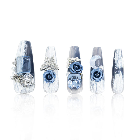 LH25 Hand Made Press On Nails Blue Rose Crystal