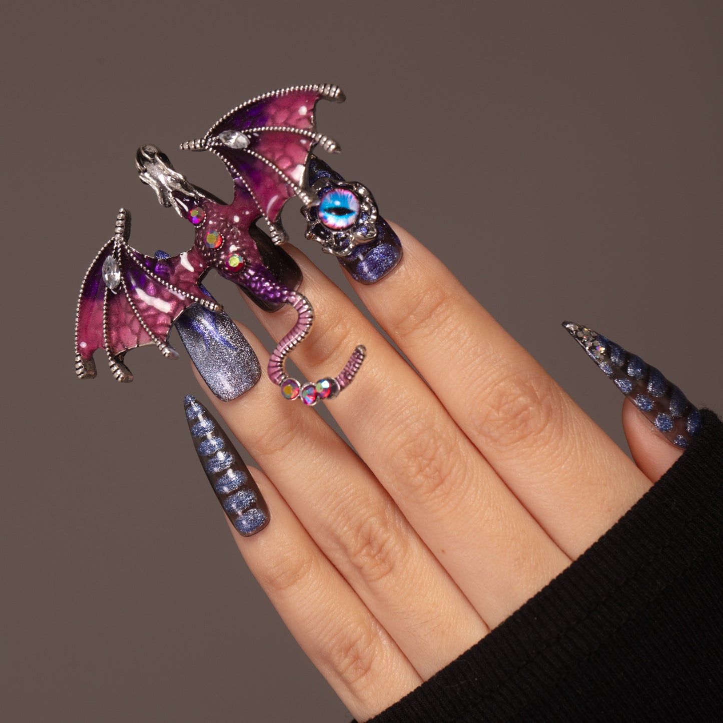 LH29 Hand Made Dragon Blue Purple Press On Nails