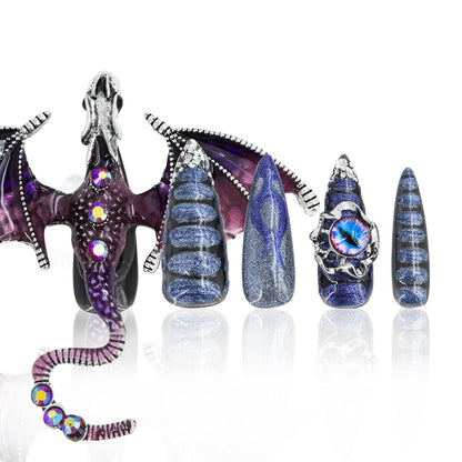 LH29 Hand Made Dragon Blue Purple Press On Nails