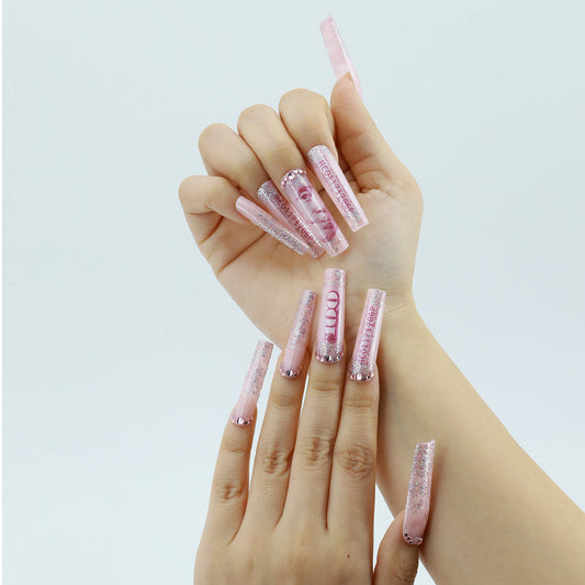 LM4 Pink Shinny Glitter Stone Cute 24pcs Press On Nails