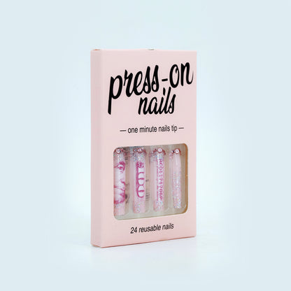 LM4 Pink Shinny Glitter Stone Cute 24pcs Press On Nails
