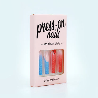 LM3 Fashion Blue Red Stone French Style 24pcs Press On Nails