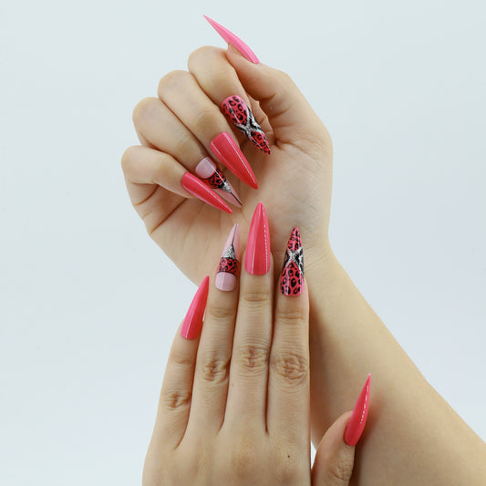 LM5 Fashion Sexy Style Glitter Long Press on Nails 24pcs Rose Pink Hot