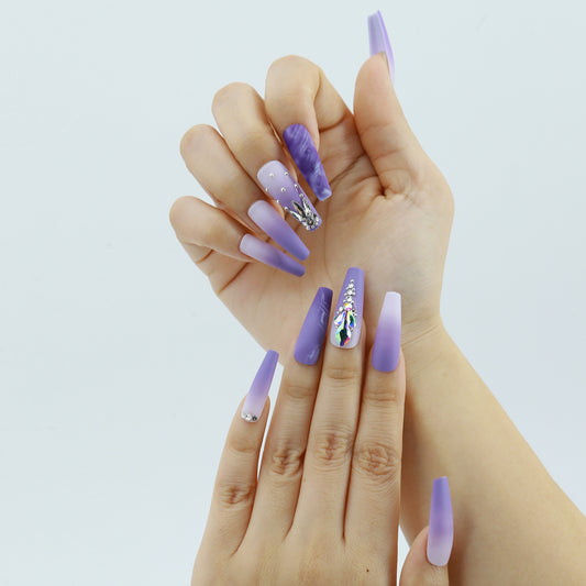 LM7 Fashion Purple Stone Elegant Press on Nails 24pcs