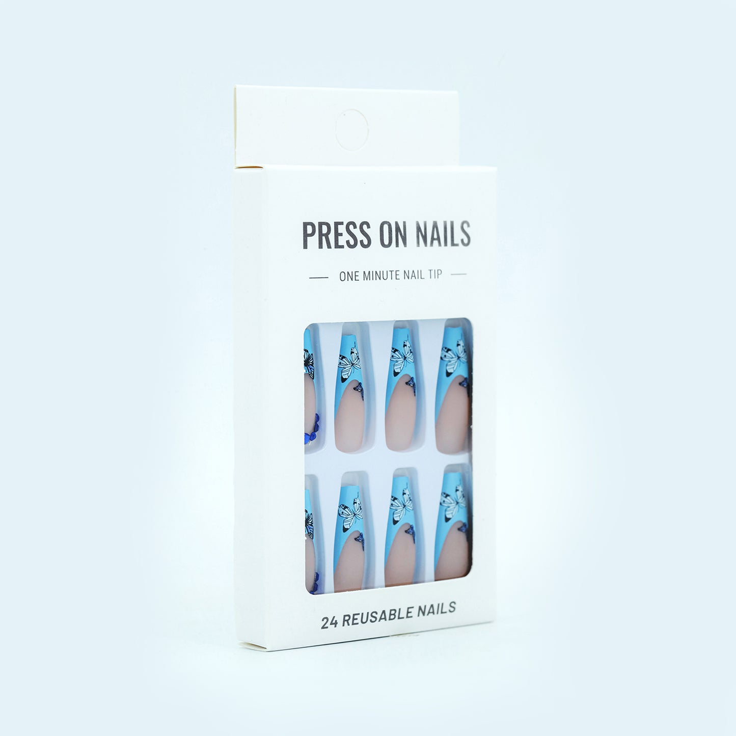 LM9 Fashion Elegant Blue Butterfly Stone French Style Press on Nails 24pcs