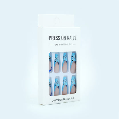 LM9 Fashion Elegant Blue Butterfly Stone French Style Press on Nails 24pcs