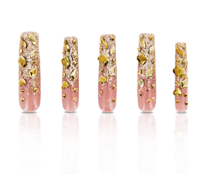 LH1 【Sunkissing】Handmade Press On Nails With Gold Glitter Stones